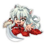  1boy animal_ears chibi fangs fingernails fox_ears fur_trim grey_background grey_hair hair_between_eyes holding holding_sword holding_weapon inuue_kiyu inuyasha inuyasha_(character) japanese_clothes jewelry long_fingernails long_hair long_sleeves magatama magatama_necklace male_focus necklace open_mouth outline sharp_fingernails simple_background smile solo sword teeth tongue weapon white_outline wide_sleeves yellow_eyes 