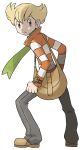  1boy absurdres bag bangs barry_(pokemon) blonde_hair brown_bag brown_footwear closed_mouth frown full_body green_scarf grey_pants highres legs_apart long_sleeves looking_at_viewer looking_back male_focus official_art orange_eyes pants pokemon pokemon_(game) pokemon_dppt pokemon_platinum scarf shoes short_hair shoulder_bag solo standing sugimori_ken transparent_background 