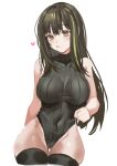  1girl :q bangs bare_arms blush breasts brown_eyes closed_mouth dano girls_frontline green_hair green_leotard heart highleg highleg_leotard highres large_breasts leotard licking_lips looking_at_viewer m4a1_(girls_frontline) multicolored_hair ribbed_leotard simple_background solo streaked_hair thigh-highs tongue tongue_out white_background 