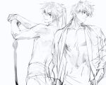  2boys bare_pectorals closed_mouth eyebrows_visible_through_hair eyes_visible_through_hair greyscale haban_(haban35) hair_between_eyes hand_in_pocket hand_on_hilt highres holding holding_sword holding_weapon long_hair looking_at_viewer looking_back male_focus monochrome multiple_boys navel original parted_lips pectorals ponytail shirtless simple_background sketch smile sword weapon white_background 