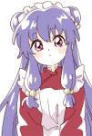  1girl :o apron bangs bell blush_stickers china_dress chinese_clothes commentary double_bun dress eyebrows_visible_through_hair frilled_apron frills hair_bell hair_ornament highres jingle_bell long_hair looking_at_viewer maid_headdress namori purple_hair ranma_1/2 red_dress shampoo_(ranma_1/2) simple_background solo symbol_commentary upper_body violet_eyes white_apron white_background 