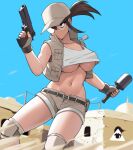  1girl belt breasts brown_eyes brown_hair crop_top day dog_tags donburi_(donburikazoku) dual_wielding explosive expressionless facing_viewer fingerless_gloves fio_germi glasses gloves grenade gun hand_up highres holding holding_grenade holding_gun holding_weapon long_hair looking_to_the_side medium_breasts metal_slug midriff navel no_bra open_clothes open_vest outdoors ponytail serious short_shorts shorts solo stielhandgranate tank_top thighs under_boob vest weapon white_tank_top 