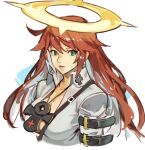  1girl ankh aria_(guilty_gear) bodysuit green_eyes guilty_gear guilty_gear_strive halo jack-o&#039;_valentine jewelry long_hair necklace portrait redhead straight_hair uncle_rabbit_ii white_bodysuit 