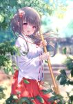  1girl :d absurdres bamboo_broom bangs blunt_bangs blurry blurry_background branch brooch broom commentary_request dappled_sunlight day eyebrows_visible_through_hair grey_hair hair_blowing hair_ornament hakama hakama_skirt highres holding holding_broom japanese_clothes jewelry kimono leaf looking_at_viewer miko open_mouth original outdoors red_eyes red_hakama red_neckwear shrine signature smile solo stairs standing sunlight white_kimono wide_sleeves yuyuko_(yuyucocco) 