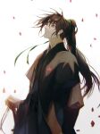  1boy absurdres bishounen brown_eyes brown_hair closed_mouth eyebrows_visible_through_hair flower green_ribbon haban_(haban35) hair_ribbon hand_on_hilt highres holding holding_sword holding_weapon long_hair looking_up male_focus original petals pink_flower ponytail ribbon simple_background smile solo sword weapon white_background 