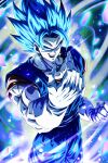  &gt;:) 1boy :d blue_hair clenched_hand commentary_request dragon_ball dragon_ball_super dragon_ball_z earrings gloves highres jewelry muscular open_mouth potara_earrings sekitsuki_hayato signature smile solo spiky_hair super_saiyan super_saiyan_blue teeth v-shaped_eyebrows vegetto white_gloves 