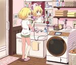  barefoot bathroom blonde_hair closed_mouth comb door faucet from_behind full_body gochuumon_wa_usagi_desu_ka? hair_dryer hand_soap kirima_sharo mirror mohei shirt short_hair short_sleeves shorts sink slippers toothbrush toothpaste towel washing_machine white_shirt 