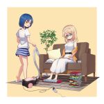  2girls aoyama_blue_mountain barefoot belt black_belt blonde_hair blue_eyes book book_stack closed_mouth collarbone dress extension_cord foot_massage from_behind glasses gochuumon_wa_usagi_desu_ka? hairband horizontal_stripes mate_rin mohei multiple_girls open_mouth reading simple_background sitting skirt slippers striped striped_skirt vacuum_cleaner violet_eyes white_dress yellow_background yellow_eyes 