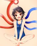  1girl alternate_costume asymmetrical_wings bangs black_hair blue_swimsuit blue_wings blush brown_background commentary_request eyebrows_visible_through_hair flat_chest full_body houjuu_nue looking_at_viewer nittanishi open_mouth pointy_ears red_eyes red_wings school_swimsuit short_hair simple_background smile solo swimsuit touhou upper_teeth wings 