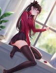  1girl bangs black_legwear black_skirt blue_eyes blush breasts brown_hair fate/stay_night fate_(series) highres long_hair long_sleeves looking_at_viewer sansan_(dongfangzhong111) skirt solo thigh-highs tohsaka_rin two_side_up 