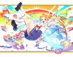  1girl :d aikatsu! aikatsu!_(series) arisugawa_otome black_footwear blurry blurry_foreground candy collared_shirt colorful commentary_request depth_of_field food full_body hair_cones hair_ornament hair_scrunchie heart high-waist_skirt highres hitoto holding holding_umbrella kneehighs loafers lollipop looking_at_viewer medium_skirt open_mouth orange_eyes orange_hair outstretched_arm pleated_skirt print_umbrella puffy_short_sleeves puffy_sleeves purple_skirt rainbow reaching_out red_neckwear scrunchie shiny shiny_hair shirt shirt_tucked_in shoes short_hair short_sleeves skirt sky_print smile solo sparkle starlight_academy_uniform teruterubouzu umbrella v white_legwear white_shirt yellow_scrunchie 
