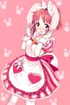  1girl :d abe_nana amezawa_koma animal_ears apron bangs blush bow carrot_necklace cowboy_shot dress embarrassed eyebrows_visible_through_hair fake_animal_ears hair_bow heart idolmaster idolmaster_cinderella_girls jewelry looking_at_viewer maid open_mouth pantyhose pendant pink_background pink_hair pocket puffy_short_sleeves puffy_sleeves rabbit_ears red_eyes short_sleeves simple_background smile solo standing star_(symbol) striped stuffed_animal stuffed_bunny stuffed_toy tareme vertical-striped_dress vertical_stripes white_apron white_bow white_legwear wrist_cuffs 