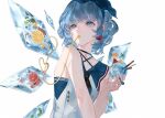  1girl bare_shoulders blue_dress blue_eyes blue_hair cirno dress highres hillly_(maiwetea) ice ice_wings looking_afar short_hair simple_background solo touhou two_side_up white_background wings 