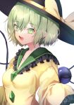  1girl artist_name bangs black_headwear blouse bow breasts crystal eyebrows_visible_through_hair eyes_visible_through_hair green_eyes green_hair hair_between_eyes hands_up hat komeiji_koishi long_sleeves open_mouth shiromoru_(yozakura_rety) short_hair simple_background small_breasts smile solo subterranean_animism touhou white_background yellow_blouse yellow_bow yellow_sleeves 