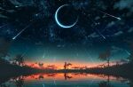  1other abisswalker8 clouds commentary crescent_moon gradient_sky grass highres looking_afar moon multicolored multicolored_sky night night_sky orange_sky original outdoors reflection scenery shooting_star sky star_(sky) starry_moon starry_sky sunset tree tree_shade water 