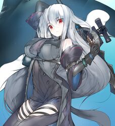  1girl arknights ascot bare_shoulders black_gloves black_neckwear black_pants blue_background clothing_cutout cowboy_shot ekuesu gloves highres holding holding_weapon long_hair looking_at_viewer low-tied_long_hair no_hat no_headwear orca pants red_eyes silver_hair skadi_(arknights) solo sword thigh_cutout thigh_strap two-tone_background very_long_hair weapon white_background 