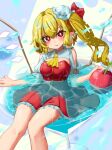  1girl absurdres apple blonde_hair blush breasts bright_pupils crystal dress fang feet_out_of_frame flandre_scarlet food fruit glowing hat highres looking_at_viewer medium_breasts mini_hat mob_cap one_side_up parted_lips partially_submerged pointy_ears red_dress red_eyes short_hair skin_fang smile solo touhou wings zakozako_y 