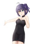  1girl absurdres ahoge bangs bare_arms bare_shoulders black_choker black_dress blue_eyes breasts choker chuunibyou_demo_koi_ga_shitai! collarbone cowboy_shot dress gunu_(nyzn3223) hair_between_eyes hair_ribbon heterochromia highres large_breasts legs_together one_side_up open_mouth purple_ribbon ribbon short_hair solo takanashi_rikka white_background yellow_eyes 