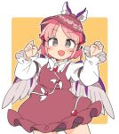  1girl animal_ears blush brown_dress brown_headwear cowboy_shot dress fang feathered_wings grey_eyes hands_up ini_(inunabe00) long_sleeves looking_at_viewer mystia_lorelei open_mouth pink_hair shirt short_hair skin_fang smile solo touhou white_shirt winged_hat wings 