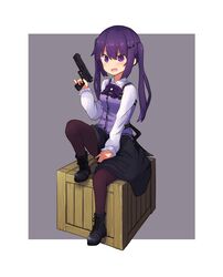  black_footwear black_skirt collared_shirt crate full_body gochuumon_wa_usagi_desu_ka? grey_background gun highres holding holding_gun holding_weapon long_sleeves looking_at_viewer mohei open_mouth pantyhose purple_hair purple_vest shirt shoes simple_background sitting skirt tedeza_rize vest violet_eyes weapon white_shirt 