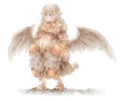  1girl animal_ears armor arms_at_sides bangs bikini_armor bird_ears bird_legs blue_eyes closed_mouth commentary_request diadem eyebrows_visible_through_hair feathered_wings full_body garter_straps grey_hair grey_wings hair_between_eyes harpy long_hair looking_afar lunaraven monster_girl navel pauldrons pointy_ears ragnarok_online royal_guard_(ragnarok_online) shoulder_armor simple_background solo standing white_background wings 