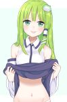  1girl :p absurdres bare_shoulders blush breasts clothes_lift detached_sleeves from_behind green_eyes green_hair hair_ornament hair_tubes highres kochiya_sanae lifted_by_self light_blue_background long_hair looking_at_viewer medium_breasts navel shirt simple_background skirt skirt_lift snake_hair_ornament solo stigma1101 tongue tongue_out touhou white_shirt 