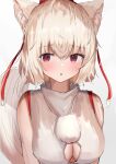  1girl :o animal_ear_fluff animal_ears aohane bare_shoulders blush breasts cleavage_cutout clothing_cutout hat highres inubashiri_momiji large_breasts looking_to_the_side open_mouth simple_background solo tail tokin_hat touhou upper_body violet_eyes white_background wolf_ears wolf_tail 