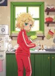  blonde_hair blush dishes faucet gochuumon_wa_usagi_desu_ka? highres jacket jersey kirima_sharo kitchen looking_at_viewer looking_back mohei oven_mitts pitcher plant pot red_track_suit refrigerator scissors sink striped striped_legwear track_jacket track_suit vertical-striped_legwear vertical_stripes window 