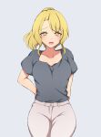  1girl bangs blonde_hair blue_background blush breasts casual commentary_request denim eyebrows_visible_through_hair grey_shirt grey_sleeves hand_on_hip highres jeans kirisame_ga_furu_mori kirisame_marisa looking_at_viewer mature_female medium_breasts medium_hair open_mouth pants ponytail shirt short_sleeves smile solo suwaneko t-shirt touhou yellow_eyes 