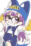  1girl baseball_cap blue_eyes dr._slump glasses gloves hat highres long_hair looking_at_viewer namori norimaki_arale open_mouth purple_hair simple_background solo white_background 