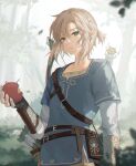  1boy apple arrow_(projectile) bangs black_gloves blonde_hair blue_eyes blue_tunic bow_(weapon) closed_mouth earrings fingerless_gloves food fruit gloves hair_between_eyes highres holding holding_food holding_fruit jewelry korok leaf link mada_(shizhou) male_focus pointy_ears ponytail quiver sheikah_slate short_ponytail the_legend_of_zelda the_legend_of_zelda:_breath_of_the_wild tree tunic weapon weapon_on_back 