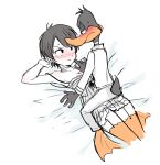  1boy 1girl beak bed bed_sheet bird bird_tail black_hair blush daffy_duck dual_persona duck genderswap genderswap_(mtf) highres himuhino humanization lingerie looney_tunes on_bed thigh-highs underwear 