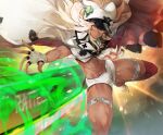  1girl absurdres bandaged_arm bandages closed_mouth commentary_request dark-skinned_female dark_skin fingerless_gloves gloves guilty_gear guilty_gear_strive hair_between_eyes hat highres huge_filesize long_hair looking_at_viewer midriff navel nishiide_kengorou orange_eyes ramlethal_valentine shorts single_glove solo thighs white_gloves white_hair white_headwear white_shorts 