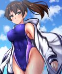  1girl absurdres blue_sky blue_swimsuit breasts brown_eyes brown_hair clouds cloudy_sky competition_swimsuit covered_navel cowboy_shot day eyebrows_visible_through_hair hair_between_eyes highleg highleg_swimsuit highres jacket kaga_(kancolle) kantai_collection large_breasts looking_at_viewer medium_hair one-piece_swimsuit outdoors side_ponytail sky solo swimsuit swimsuit_under_clothes wet wet_clothes wet_swimsuit white_jacket zanntetu 
