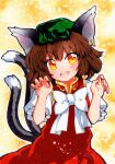  1girl :d animal_ear_fluff animal_ears brown_eyes brown_hair cat_ears cat_tail chen claw_pose dress earrings fang gold_trim hat jewelry looking_at_viewer mob_cap multiple_tails nekomata open_mouth qqqrinkappp red_dress short_hair single_earring skin_fang smile solo tail touhou traditional_media two_tails 