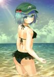  1girl absurdres ass bangs bare_shoulders bikini blue_eyes blue_hair blue_sky breasts closed_mouth clouds commentary_request ekaapetto eyebrows_visible_through_hair green_bikini green_headwear hair_between_eyes hat highres kawashiro_nitori looking_at_viewer ocean short_hair short_twintails sky small_breasts solo standing sun swimsuit touhou twintails water 