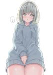  1girl :o absurdres arm_behind_back ass_visible_through_thighs bangs blush commentary_request covering covering_crotch cowboy_shot drawstring eyebrows_visible_through_hair fingernails from_below grey_eyes grey_hair grey_hoodie hayashi_takeo highres hood hood_down hoodie long_sleeves looking_at_viewer medium_hair no_pants original panties shiny shiny_skin simple_background solo speech_bubble standing talking thigh_gap thighs translated underwear white_background white_panties 