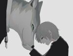  2boys :d absurdres avogado6 black_shirt forehead-to-forehead from_side furry grey_background grey_hair highres multiple_boys open_mouth original pale_skin profile shirt simple_background smile wolf 