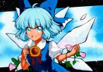  1girl bangs black_border blue_background blue_bow blue_dress blue_eyes blue_hair border bow cirno dress eyebrows_visible_through_hair eyes_visible_through_hair flower food hair_between_eyes hands_up ice ice_cream ice_wings leaf looking_at_viewer open_mouth pink_flower qqqrinkappp short_hair short_sleeves smile solo sunflower touhou traditional_media white_sleeves wings 
