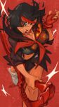  1girl black_hair black_skirt breasts brown_eyes clenched_teeth highres holding holding_weapon kill_la_kill looking_to_the_side matoi_ryuuko medium_breasts red_background red_ribbon ribbon school_uniform scrooge_mckhyle short_hair skirt solo sword teeth weapon 