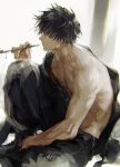  1boy bare_pectorals bare_shoulders bishounen black_eyes black_hair check_copyright collarbone copyright_request fingernails haban_(haban35) highres holding holding_pipe male_focus original pectorals pipe sitting sketch solo torn torn_clothes 