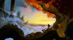  1other anato_finnstark commentary dragon english_commentary fantasy from_behind giant giant_monster highres le_royaume_d&#039;istyald negative_space outdoors standing sunrise sword tree weapon weapon_on_back wide_shot yellow_sky 