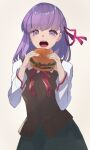  1girl black_skirt breasts brown_vest burger commentary_request fate/stay_night fate_(series) food hair_ribbon hands_up highres holding holding_food long_sleeves lower_teeth matou_sakura medium_breasts medium_hair neck_ribbon open_mouth purple_hair red_neckwear red_ribbon ribbon shirt simple_background skirt solo units_lustil upper_body upper_teeth vest violet_eyes white_background white_shirt 