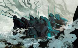  6+boys anato_finnstark artist_name black_cloak cloak fog gauntlets hands_up highres holding holding_sword holding_weapon hood hood_up hooded_cloak legendarium multiple_boys nazgul outdoors scenery standing sword the_lord_of_the_rings the_nine tree weapon 