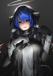  1girl arknights bangs black_background black_gloves black_jacket blue_eyes blue_hair breasts commentary_request demon_horns detached_wings eyebrows_visible_through_hair eyelashes fur-trimmed_jacket fur_trim gloves hair_between_eyes halo hand_on_own_chest hand_up highres horns jacket kureneko long_hair long_sleeves looking_at_viewer medium_breasts mismatched_gloves mostima_(arknights) shaded_face shirt smile snap-fit_buckle solo upper_body white_gloves white_shirt wings yandere 