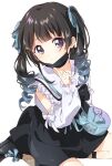  1girl bangs black_hair blue_ribbon blunt_bangs closed_mouth drill_hair eyebrows_visible_through_hair hair_ornament hair_ribbon index_finger_raised looking_at_viewer mask mouth_mask namori nijisanji ribbon sitting solo tsukino_mito twin_drills twintails violet_eyes virtual_youtuber yokozuwari 