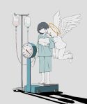  2boys absurdres angel_wings avogado6 barefoot black_hair blue_eyes blue_pants blue_shirt evil_smile feathered_wings flying grey_background halo highres hospital_gown hug hug_from_behind intravenous_drip male_focus multiple_boys pants red_eyes shirt simple_background smile standing tiptoes weighing_scale white_wings wings 