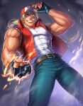  1boy abs arm_up bangs bare_shoulders baseball_cap biceps blonde_hair blue_eyes commentary covered_abs denim embers fatal_fury fatal_fury_cap fingerless_gloves fire gloves grin hand_on_headwear hat highres iroha_(akei0710) jeans leather_belt long_hair looking_down male_cleavage male_focus muscular muscular_male pants pectorals ponytail pose shoulders signature smile snk solo teeth terry_bogard the_king_of_fighters thick_thighs thighs veins vest 
