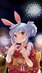  1girl animal_ear_fluff animal_ears bangs blue_hair blush braid braided_bun bunny-shaped_pupils don-chan_(usada_pekora) dress_bow eyebrows_visible_through_hair fingernails fireworks hair_ornament highres hololive japanese_clothes kimono long_fingernails looking_at_viewer multicolored_hair night night_sky obi orange_eyes outdoors rabbit_ears rabbit_girl sash shasminnyan short_eyebrows sidelocks signature sky smile solo thick_eyebrows two-tone_hair usada_pekora virtual_youtuber white_hair yukata 