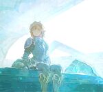  1boy armor blonde_hair blue_eyes boots earrings gauntlets headwear_removed helmet helmet_removed jewelry knee_boots lingcod_dayu link male_focus official_alternate_costume parted_lips pointy_ears sidelocks sitting solo the_legend_of_zelda the_legend_of_zelda:_breath_of_the_wild 